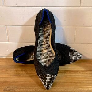 Rothy's The Point flats in "Licorice” Gold Embroidered Pointed Toe Size 6